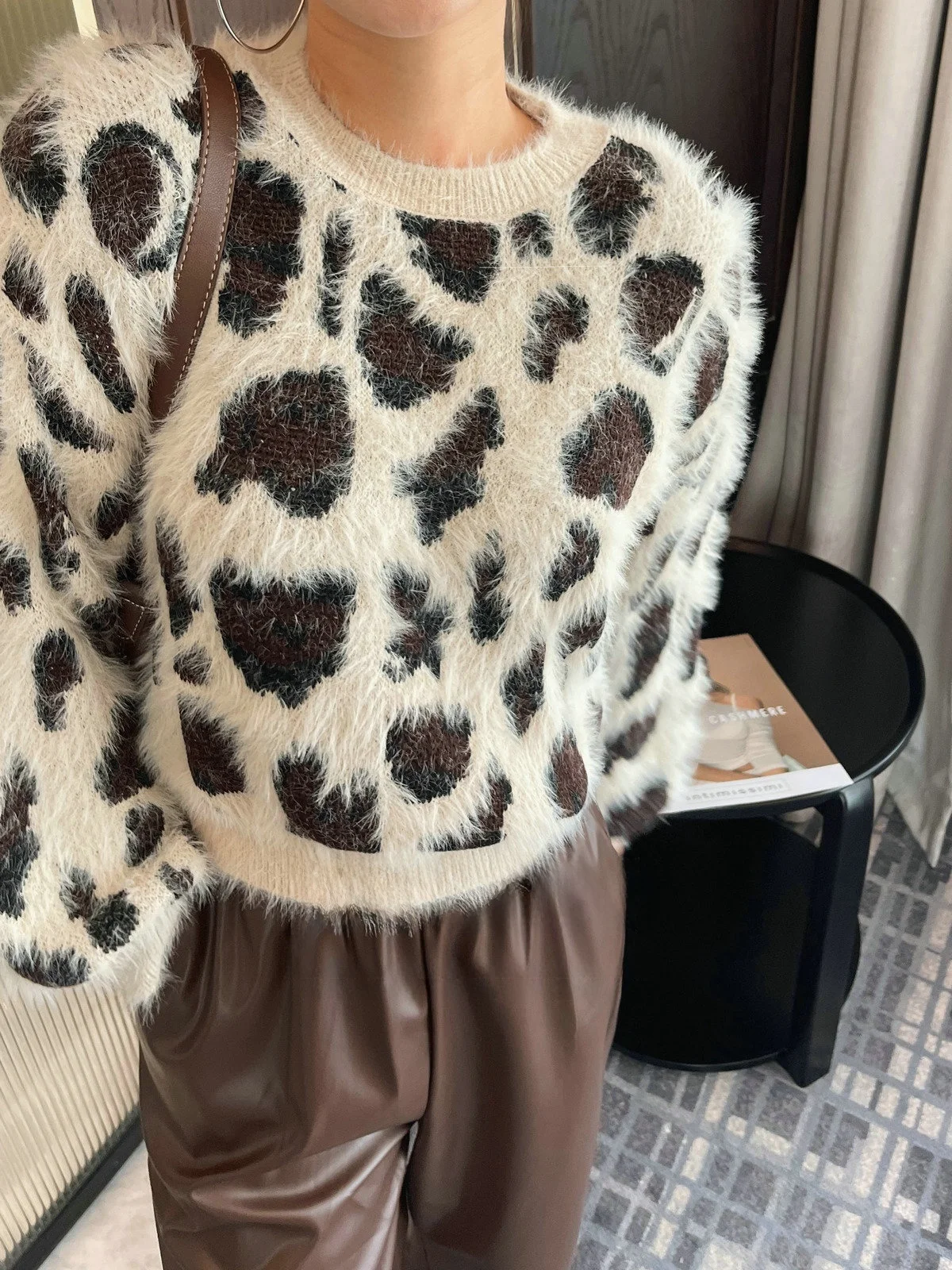 

JINGONI Women's ort Svel Knitted Sweater Leopard Print Camere Loose Fit Autumn Winter New Sle round Ne Pullover