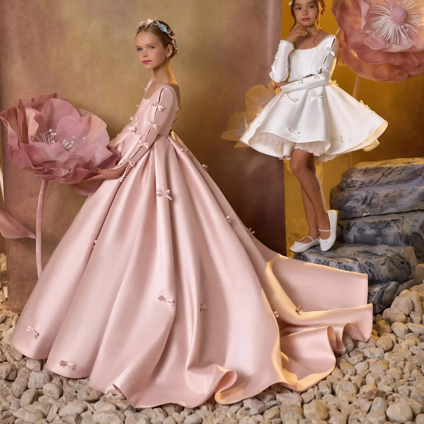 Pink Girls Birthday Dresses Customized Flower Girl Dresses for Wedding Girl's Party Gowns Soft Satin First Communion Dresses