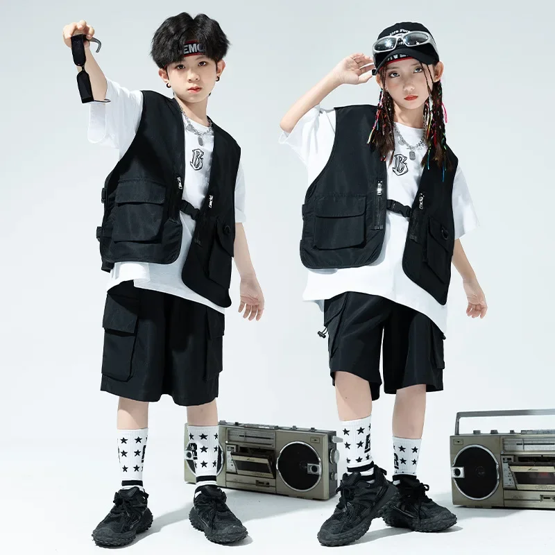 

Kids Hip Hop Clothing Sets Black Waistcoat + Letter T-shirt + Shorts Teen Boys Street Dance Costume Girls Jazz Performance Suits