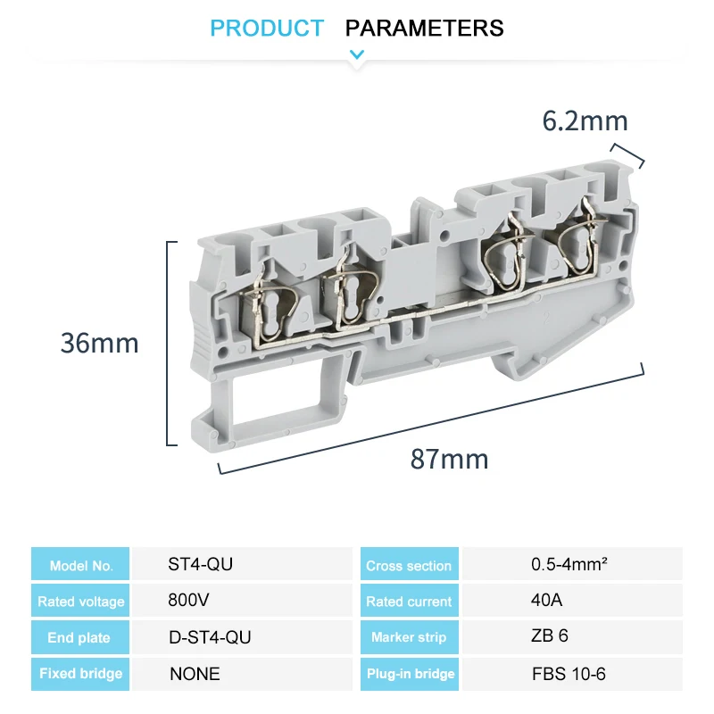 10Pcs ST4-QU Electrical Wire Connector Spring-cage Connection 4 Contact Conductors Plug Din Rail Terminal Block  ST 4-QUATTRO