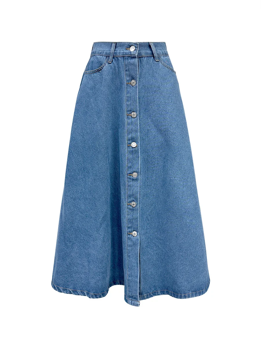 Benuynffy Vintage Button Front Denim Skirt Women's 2024 Autumn Winter Elegant High-waisted Female Big Swing Jean Long Skirts