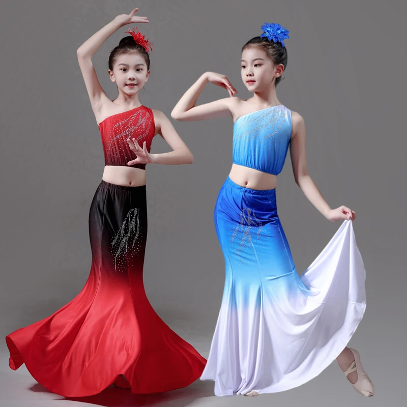 Child Dai Dance Costume Girls Peacock Fishtail Dress Performance Costume Kids Minority National Hmong Peacock Dancer Clothing