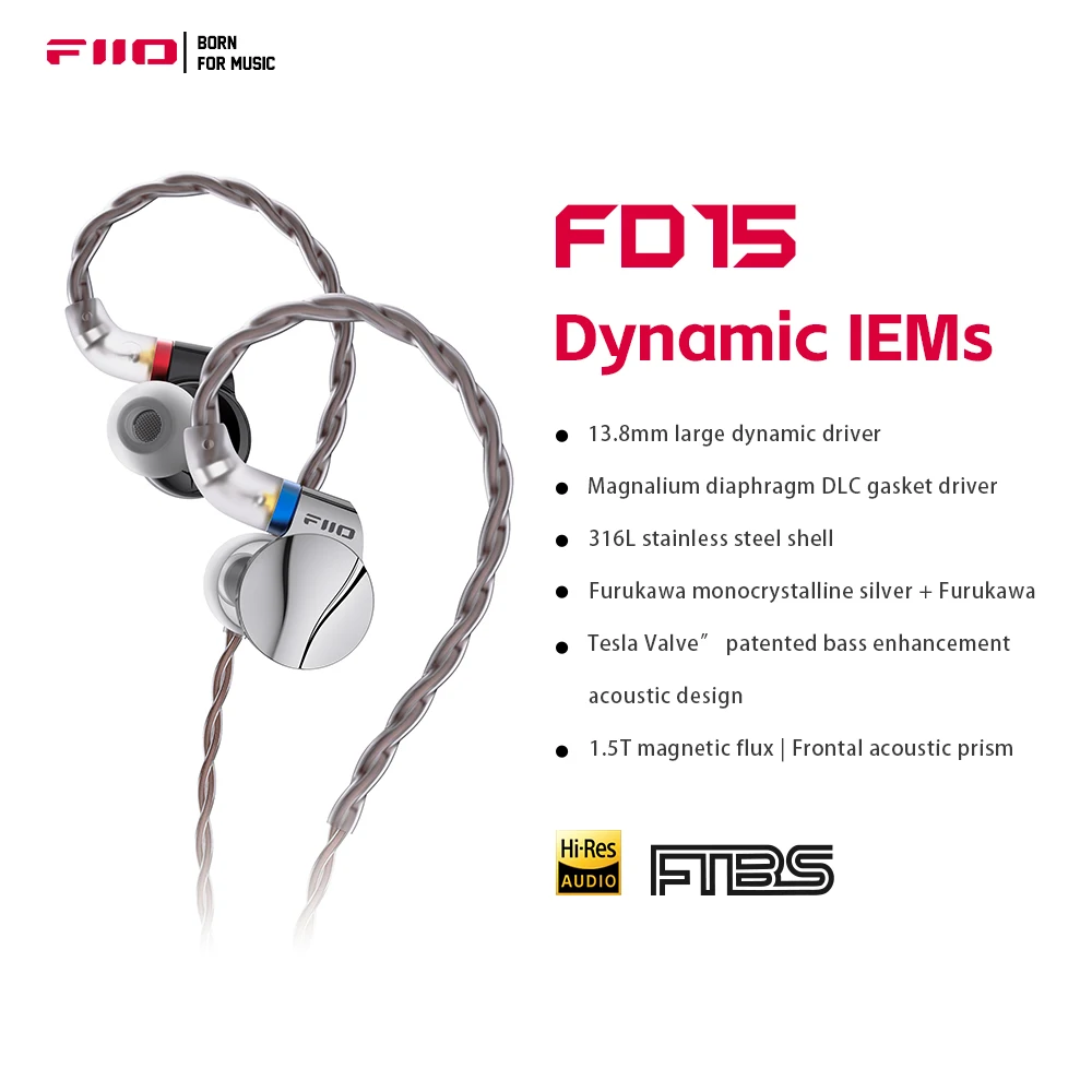 FiiO FD15 매그날륨 DLC HiFi 다이나믹 드라이버 인이어 이어폰, 스테인리스 스틸 쉘, 분리형 MMCX 케이블 포함, 13.8mm