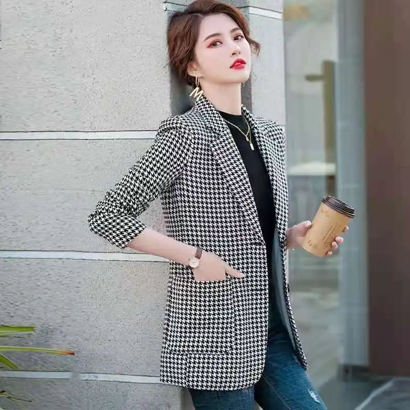 

Женский пиджак с длинными рукавами, весна-осень 2023, Новое поступление, повседневный шикарный костюм с узором «гусиные лапки» в корейском стиле