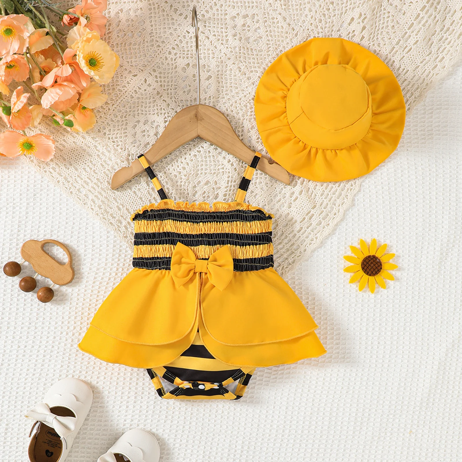 

Tregren Infant Baby Girl Summer Romper Dress Stripe Print Sleeveless Smocked Bow Bee Jumpsuit for Beach, Party