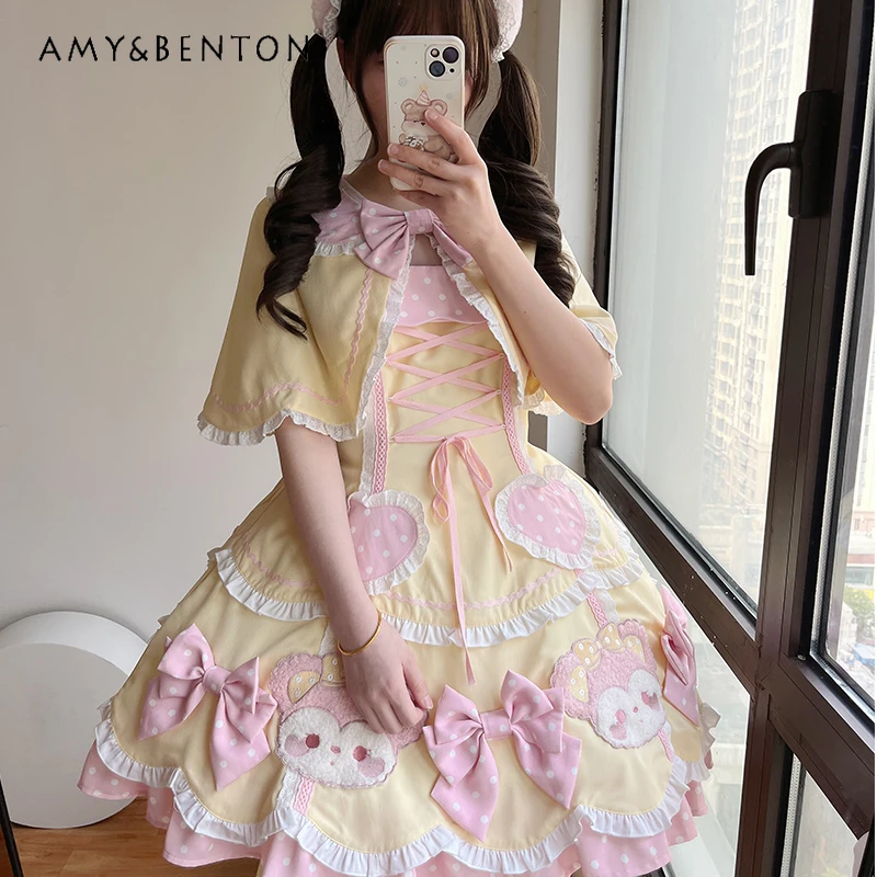 Polka Dot Bear Sticker Cartoon Embroidery Sweet Cute Lolita Suspender Dress Kawaii Bow Splicing Color JSK Tutu Dress for Women