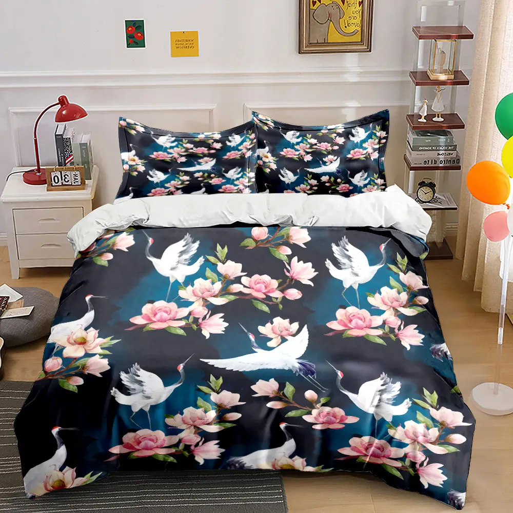 Pink Blossoms and Graceful Cranes Pattern Duvet Cover Set Digital Print Colorful Polyester Bedding with Zipper Closur for gifts