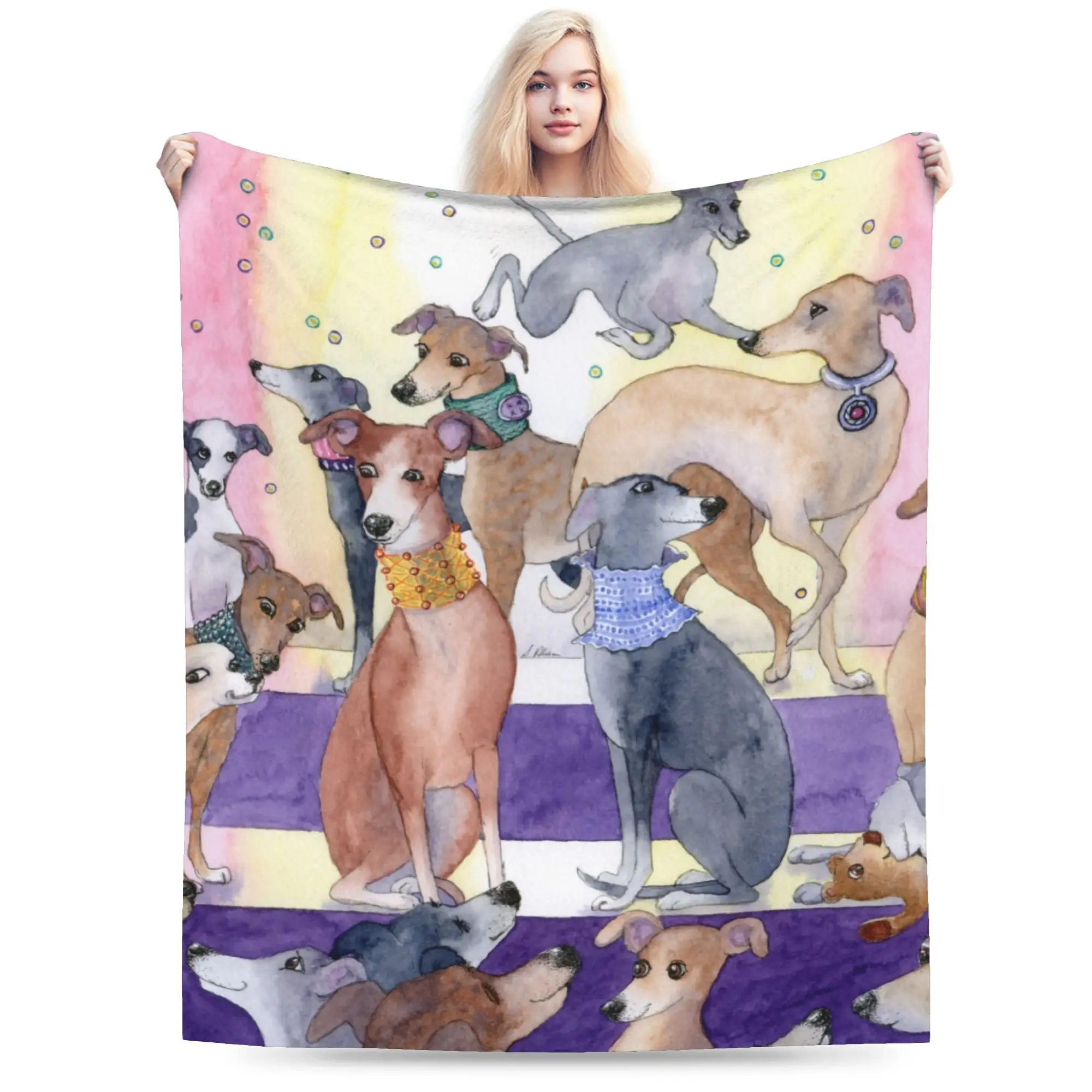 Custom 3D Print Whippets and Greyhounds Fashion Parade Blankets Comfortable Flannel Hound Dog Throw Blanket for Couch Office Bed