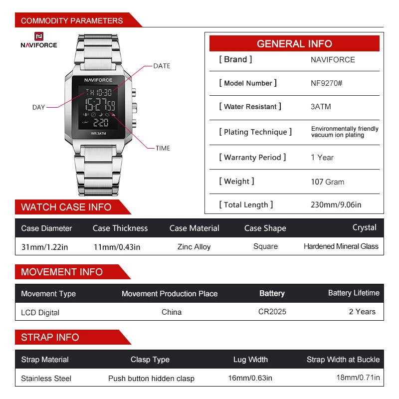 NAVIFORCE Luxury Sports Electronic Quartz Watches For Men Dual Time Display LED Luminous With Digital Week Date Function