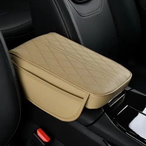 

Universal Leather Car Console Cover with Pockets – Waterproof Armrest Cushion for SUV/Truck (Beige)
