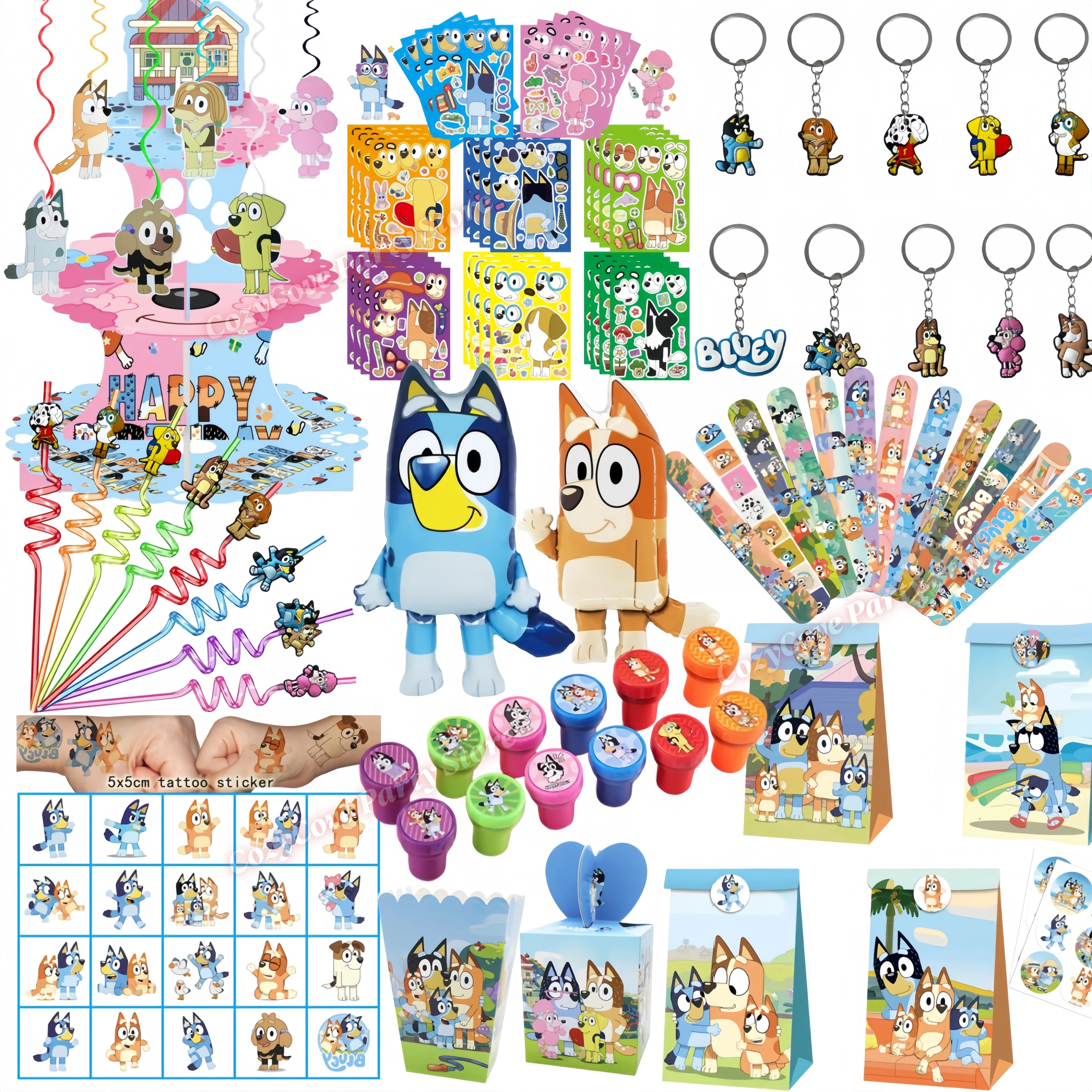 Articles de fête d'anniversaire Bluey, décorations Bingo Dog, souvenirs pour enfants, autocollants, tampons, remplisseurs de chaussettes de Noël, fournitures de fête