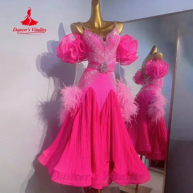 Ballroom Dancing Performance Costume Women Customized High-end Luxury Feather Rhinestone Dress Modern Dance Competition Dresses