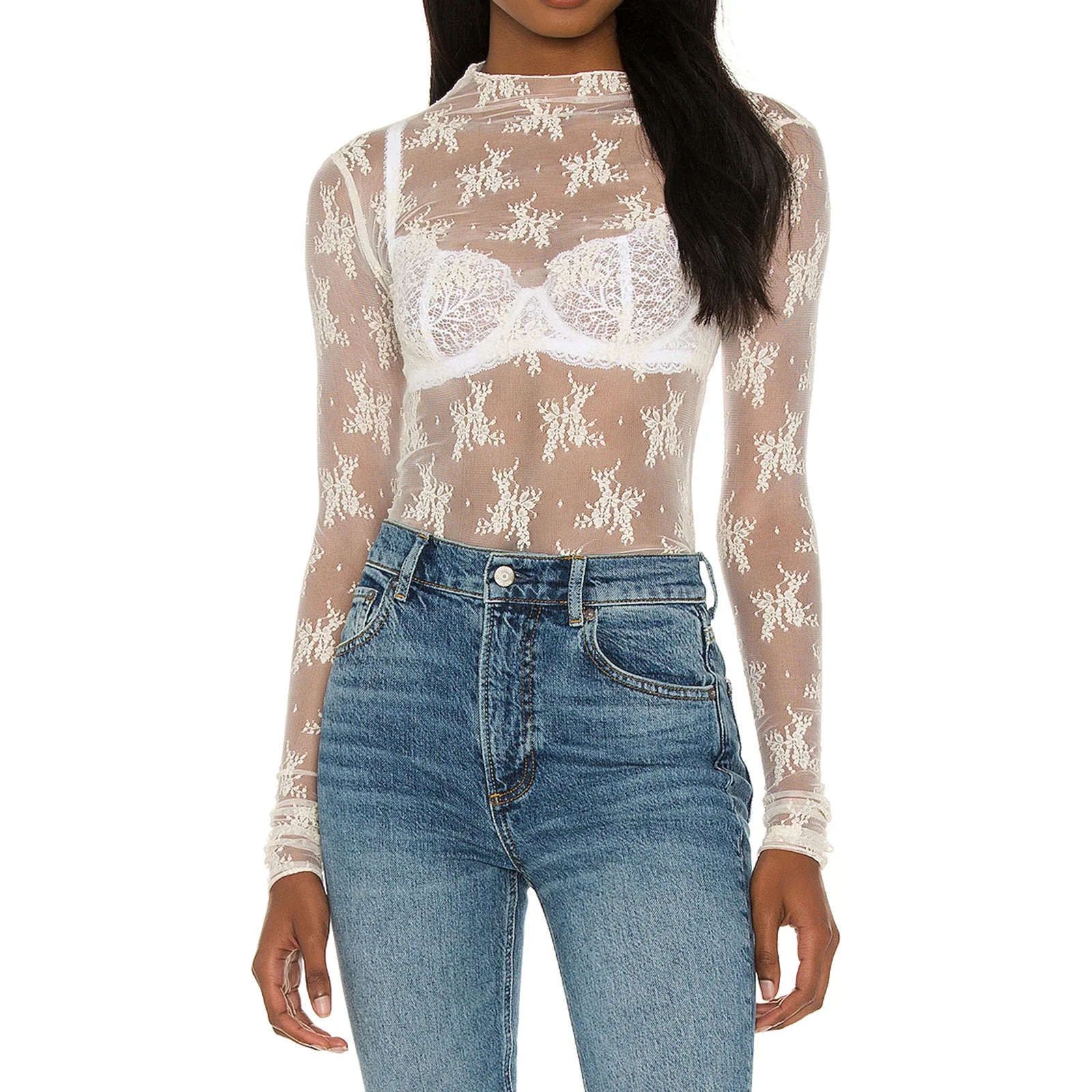 Sexy Lace Tops See Through Mesh Long Sleeve Crop Top Floral Sheer Fitted Tees Y2k Women Top Shirt Blouse