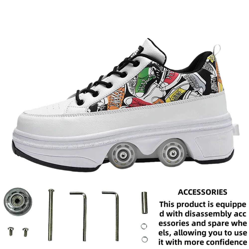 Boys Fashionable Outdoor Roller Skates Adult 4-Wheel Transformed Roller Shoes Unisex Kids Girls Casual Wheeled Sneakers