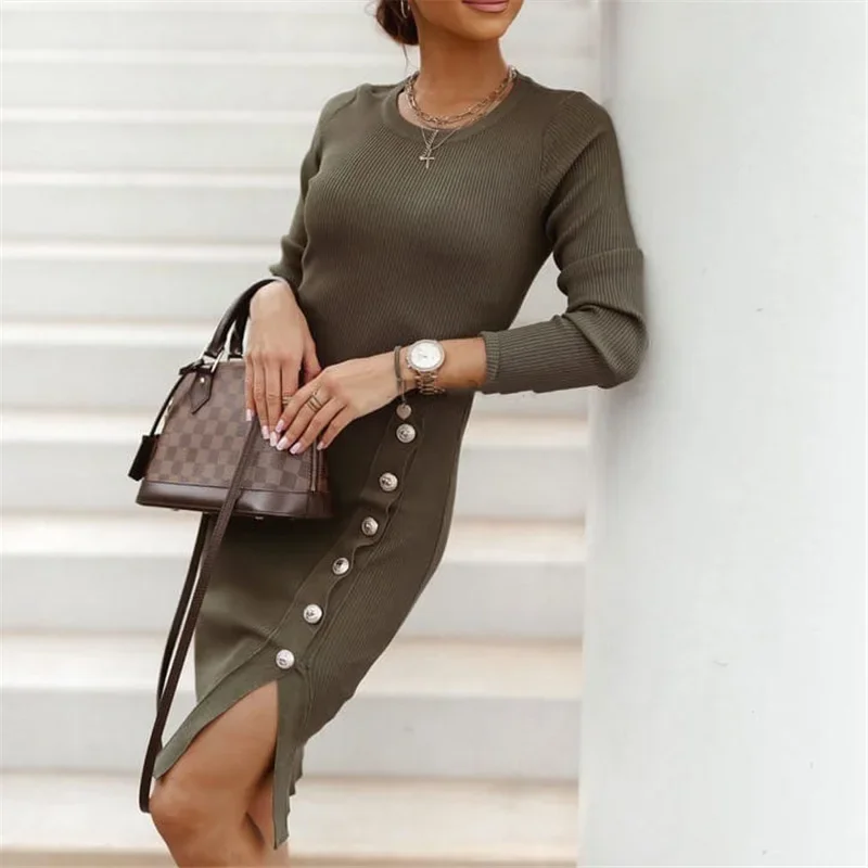 2023 Sexy Bodycon Slit Knitted Dresses Women Autumn Long Sleeve High Waist Button Midi Dress Elegant O Neck Elastic Party