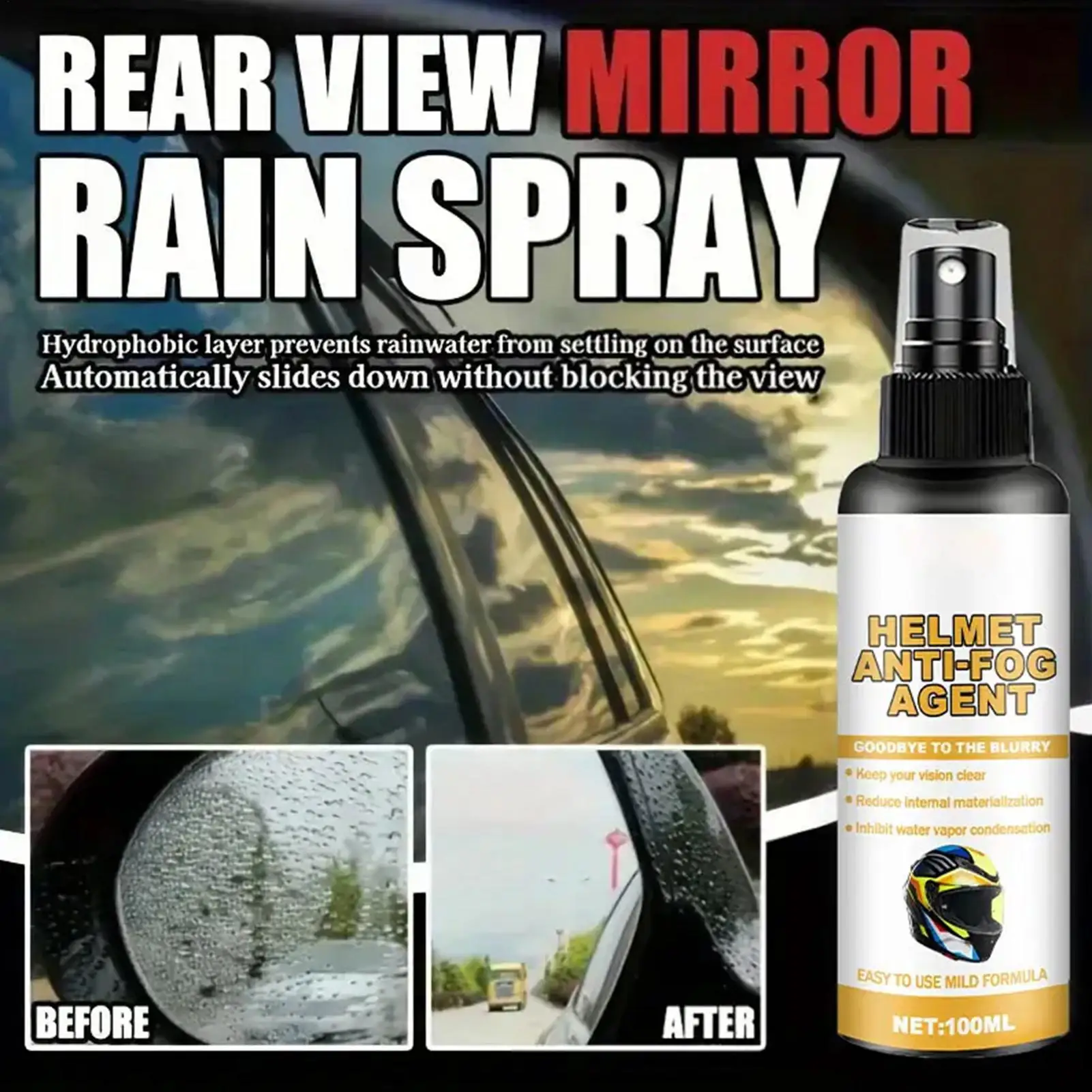 

2-in-1 Anti-Fog Spray 100ml Helmet Visor Defogging Fluid Waterproof Lens Cleaner for Glasses Goggles Car Windshield Defogging