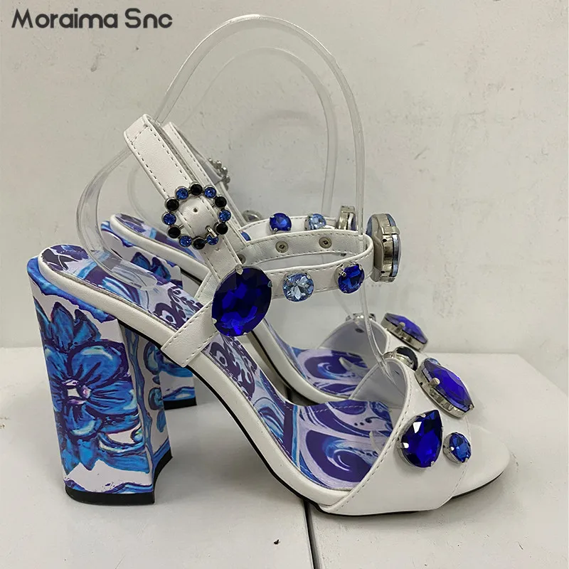 

Blue Printed Gemstone Luxury Sandals Color-Block One-Word Square Root High-Heeled Sandals Luxury Crystal Elegant Women's Shoes