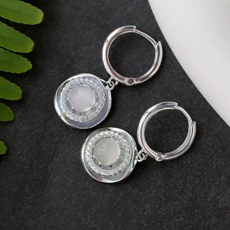 

Elegant and Minimalist Style 925 Sterling Silver Earrings Inlaid Natural Moonstone Small Hoop Design Earring Creative Jewelr