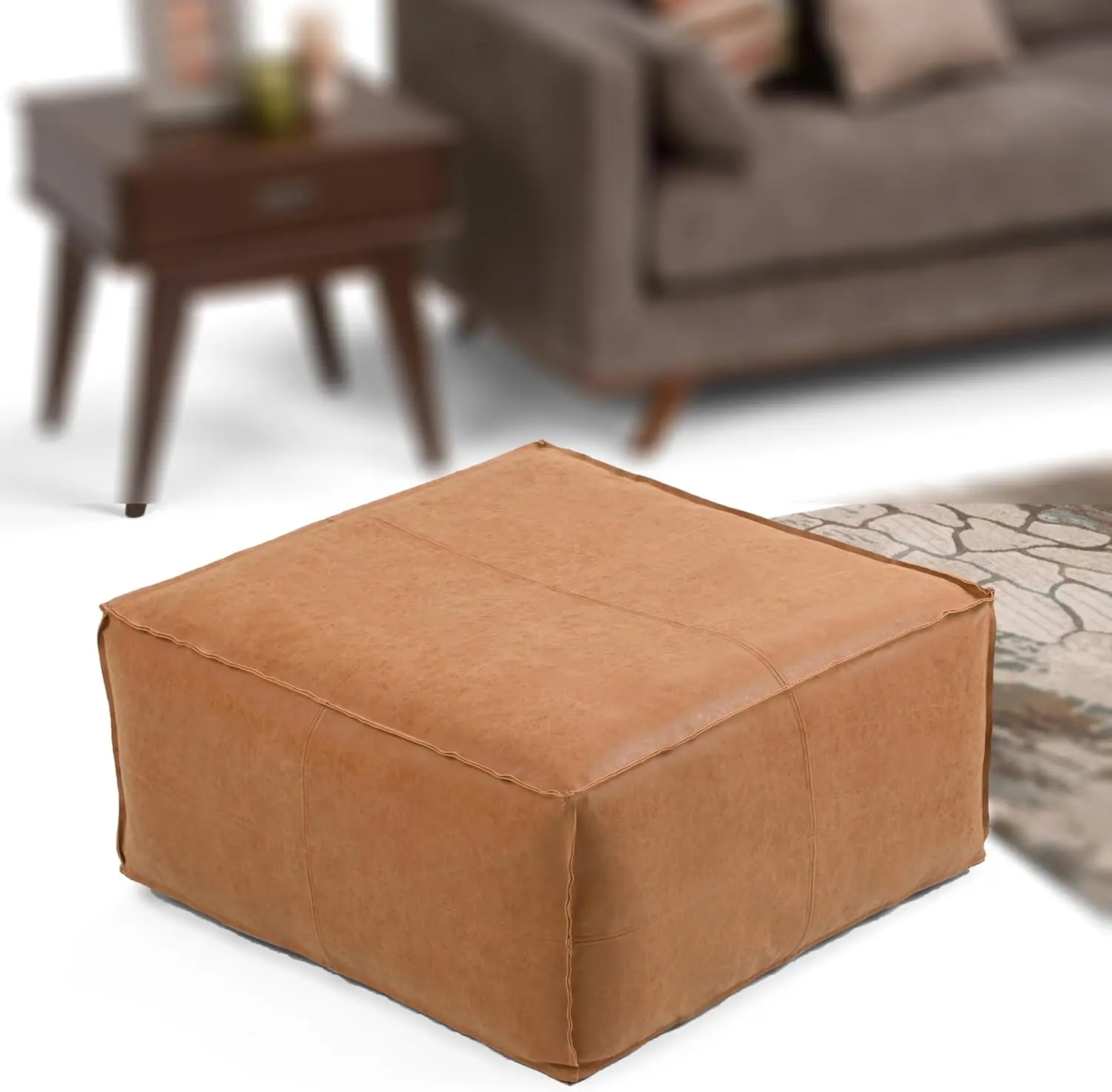 30-inch Wide Large Square Coffee Table Pouf in Distressed Brown, Vegan Faux Leather Ottoman,Footrest,or Extra Seating,Hot Sale