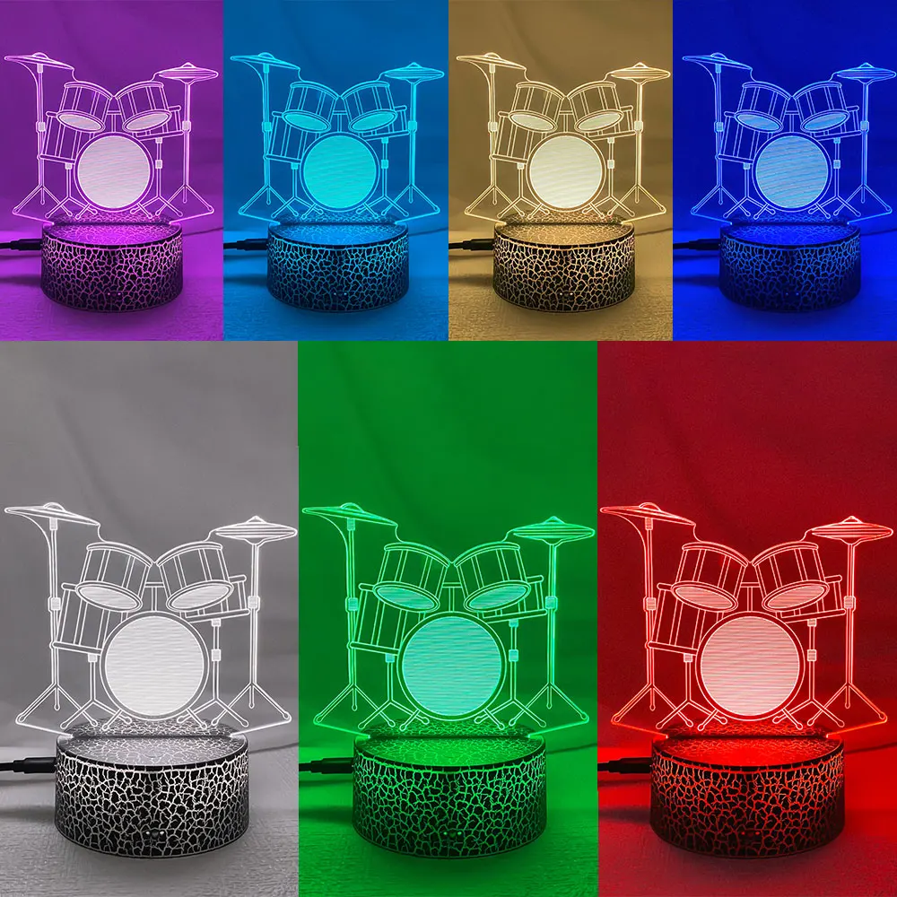 Juego de tambor creativo lámpara 3D, 7 colores cambiantes, interruptor remoto/táctil, luces de luz nocturna LED 3D, lámpara de Ambiente de