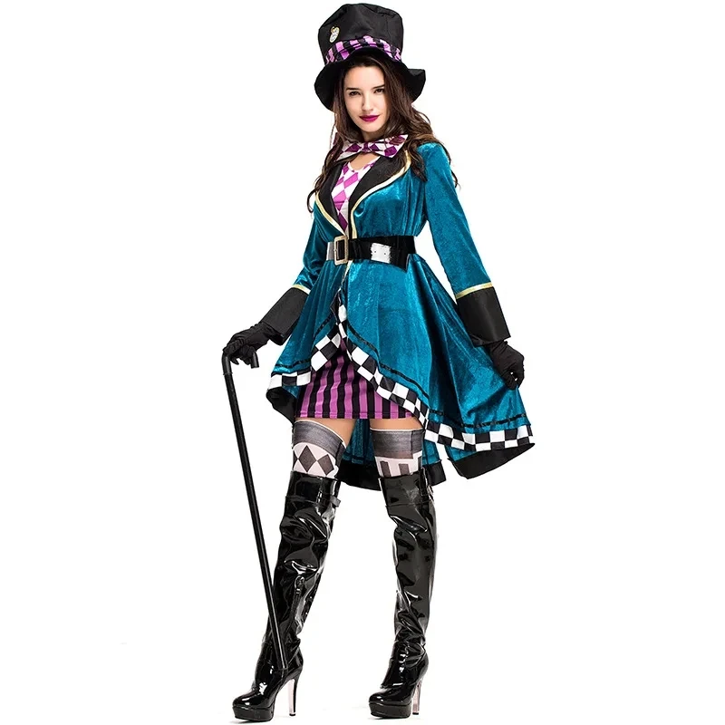 Alice in Wonderland Mad Hatter Costume for Adults Women Fantasias Magician Cosplay Halloween Carnival Party Magic Dress Purim