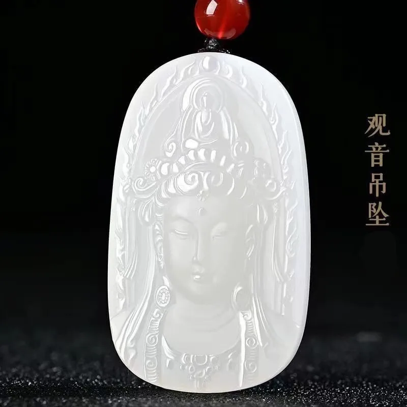 

Natural Afghan White Jade Bodhisattva Pendant Fashion Boutique Jewelry Men's and Women's Guanyin Necklace Gifts