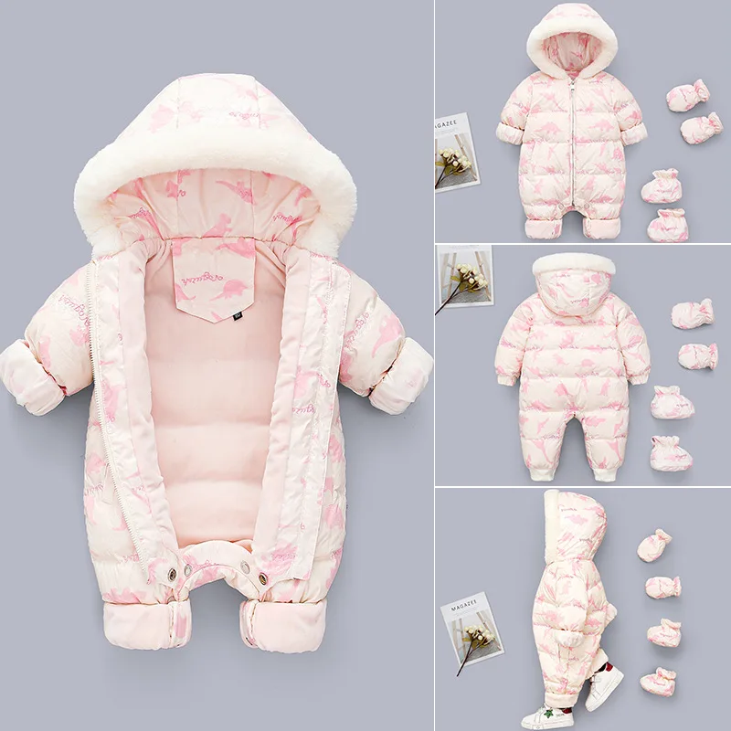 

2025 Winter Baby Rompers Hooded Plus Velvet Warm Newborn Snowsuit Baby Girls Overalls Toddler Boys Jumpsuit White Duck Down