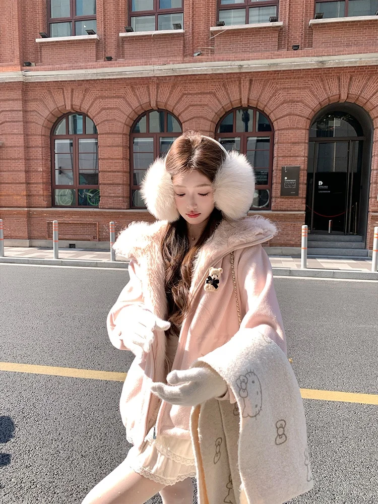 

Женское зимнее пальто Acaine с флисовой подкладкой, розовое, шерстяное, повседневное, с капюшоном, длинными рукавами, средней длины, на молнии