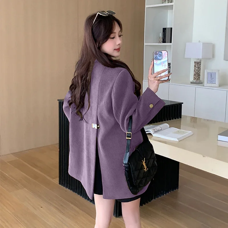 UNXX 2024 Korean-Style Corduroy Black Blazer for Women Female Office Lady, Autumn/Winter New Loose Elegant Casual High-End Suit