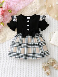 New Summer Baby Girl Short Sleeved Plaid Casual Daily Minimalist Bow Decoration Dress