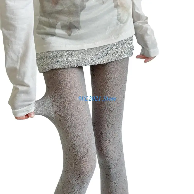 

G5GC Womens Stylish Sheer Pantyhose Lace Detailing Nylon Fabric Slimming Tights Elegant Students Geometric Pattern Stockings