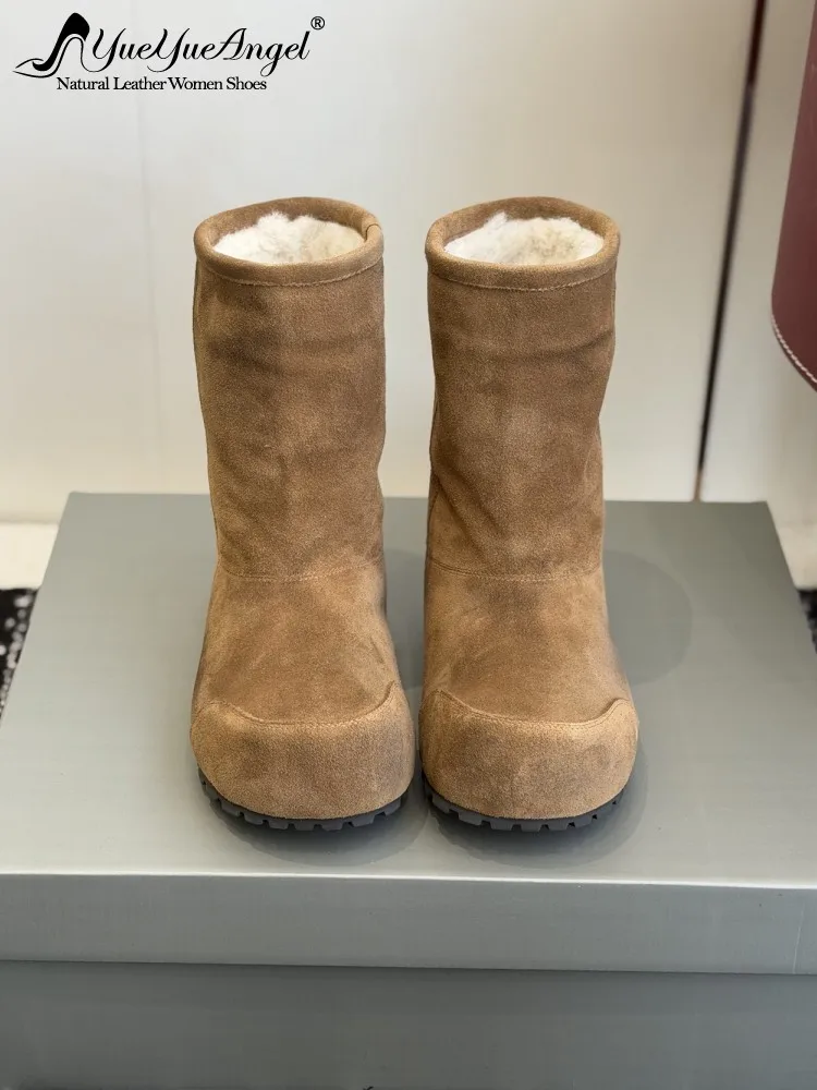 

Зимние женские теплые зимние ботинки с шерстяной подкладкой, высокие ботильоны из натуральной коровьей замши без шнуровки, противоскользящая толстая платформа, рабочая защитная обувь