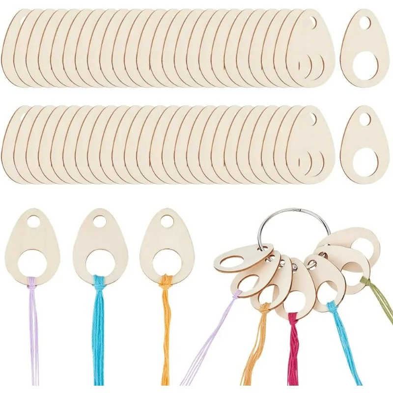 

100pcs Teardrop Wood Thread Drops 1.9x1.3inch Wood Cross Stitch Thread Organization with Floss Ring for Craft DIY Sewing Storage