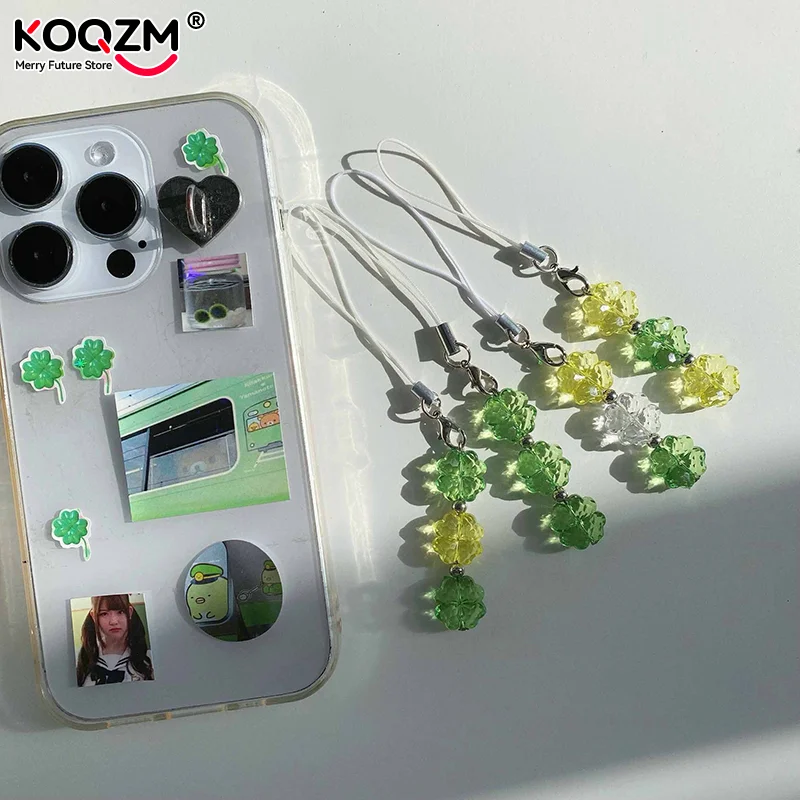 Handmade Beaded Phone Chain Four Leaf Clovers Phone Colorful Keyring CCD Pendant Cellphone Charm Accessory Hangings Ornament