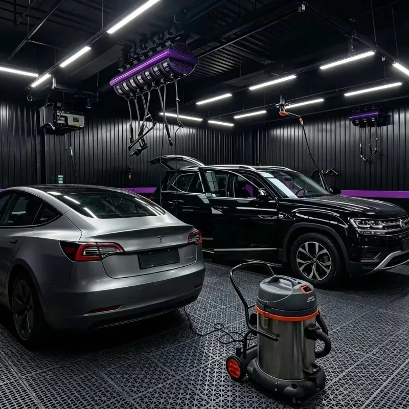 Modern Auto Detailing Station Solution with High-Brightness LED Lighting Organized Hose Reel System Heavy-Duty Vacuum Cleaner
