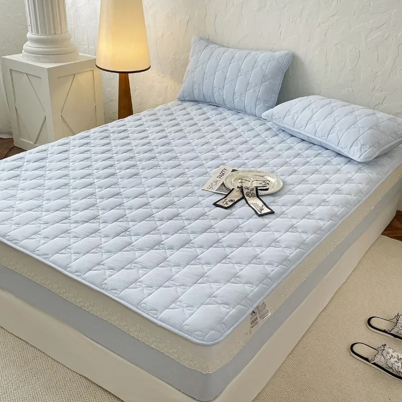 Class A pure cotton lace padded fitted sheet solid color bow mattress protective cover single piece, no pillowcase
