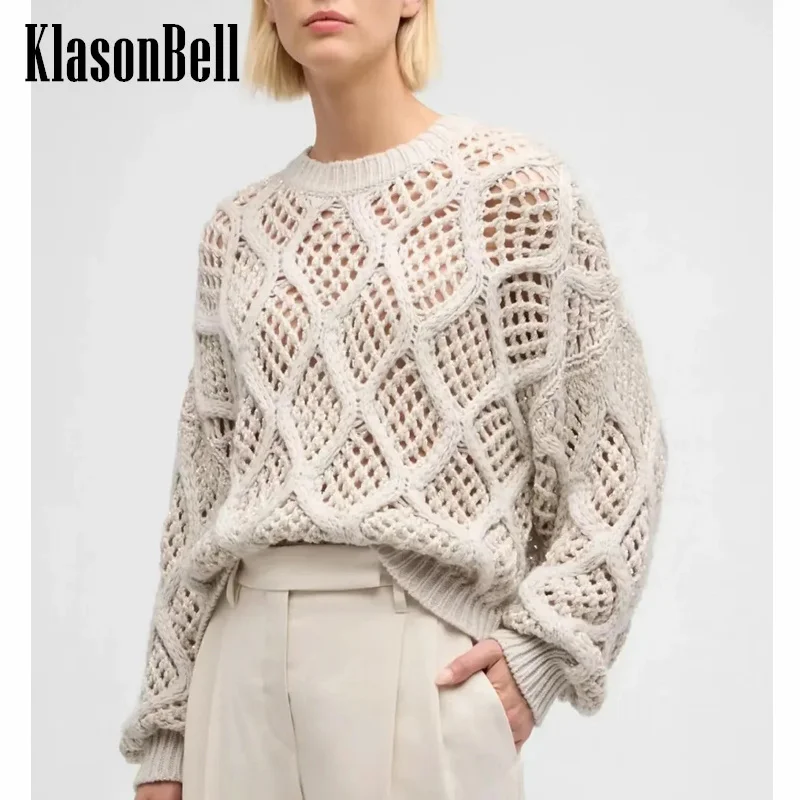 

7.26 KlasonBell Women Argyle Plaid Hollow Out Crochet Jacquard O-Neck Knitwear Wool Cashmere Loose All-masthes Sweater