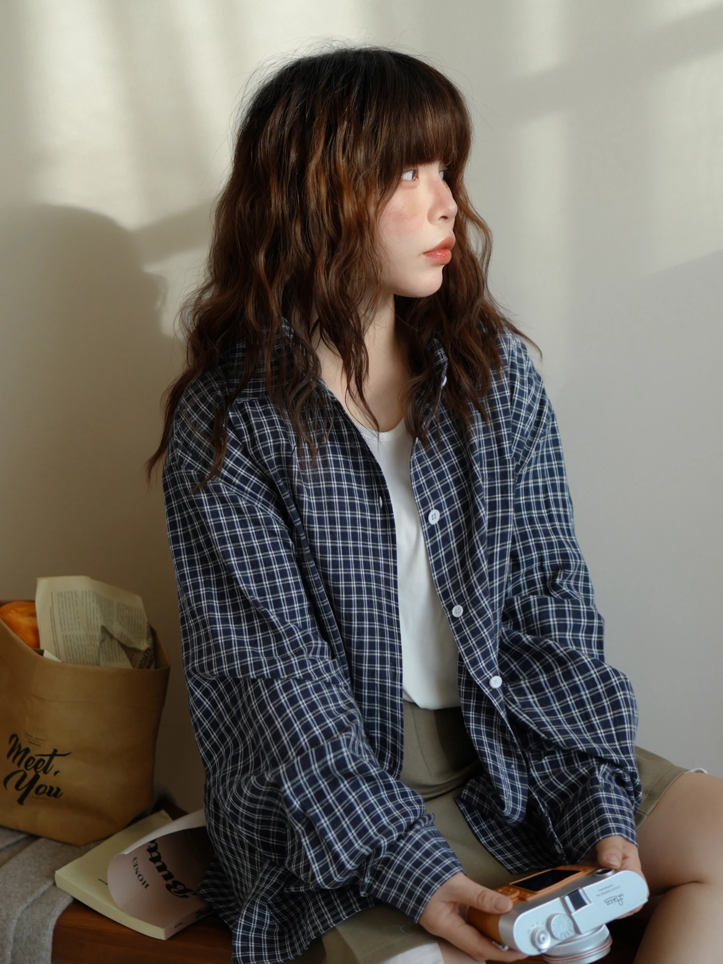 

Winter Plaid Long Sleeve Shirt Jacket Women's Loose Casual Style Korean Design Sensation Outerwear Breathable Polyester Cotton