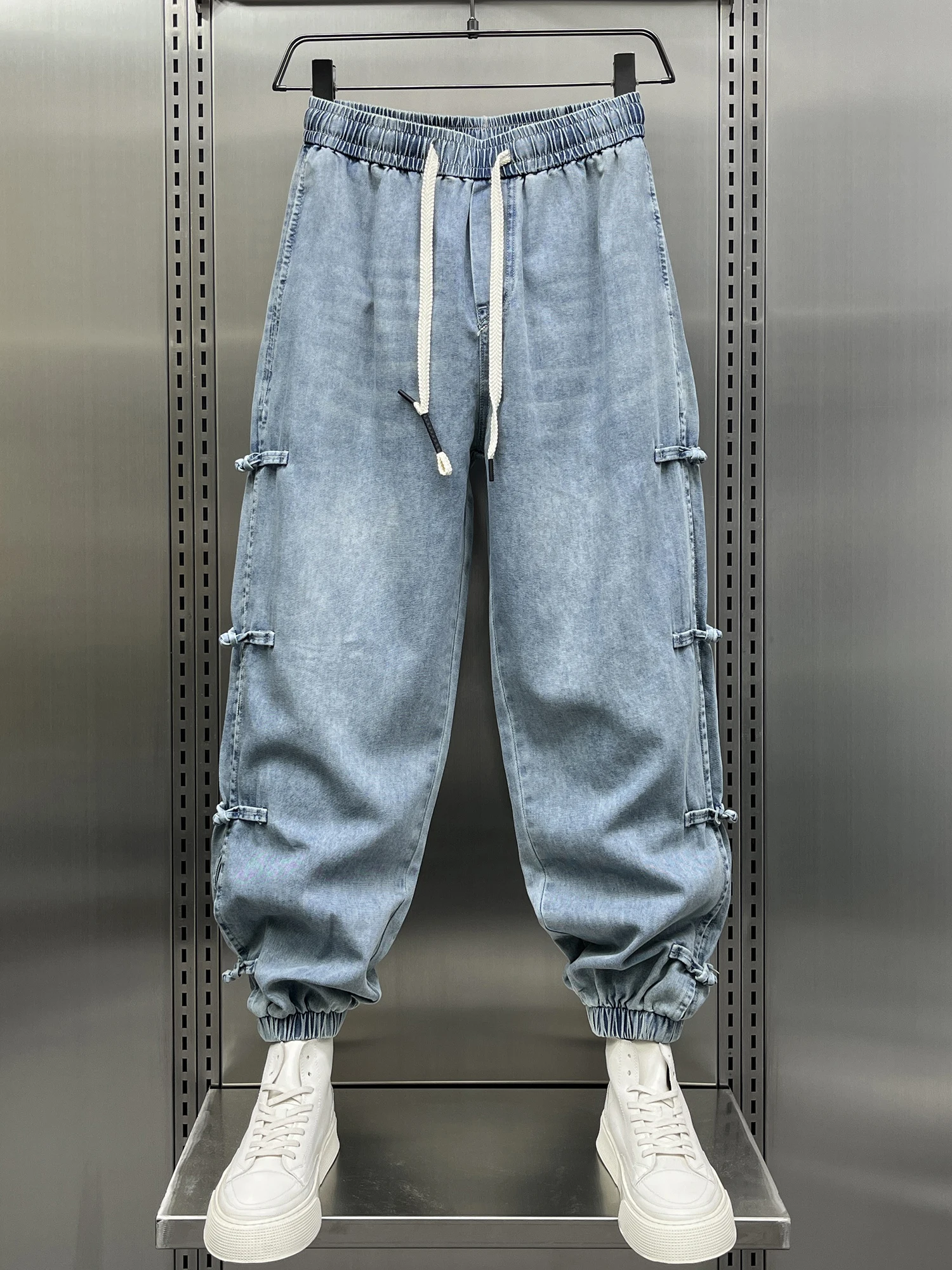 

Легкие мужские джинсы-шаровары из денима, лето 2024, модные, с манжетами, повседневные длинные брюки в стиле Харадзюку, молодежный стиль