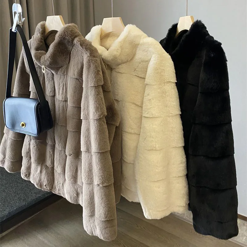 Rimocy Autumn Winter New Stand Collar Faux Fur Jeacket Women 2024 Fsahion Long Sleeve Plush Coat Woman Zipper Warm Coats Ladies