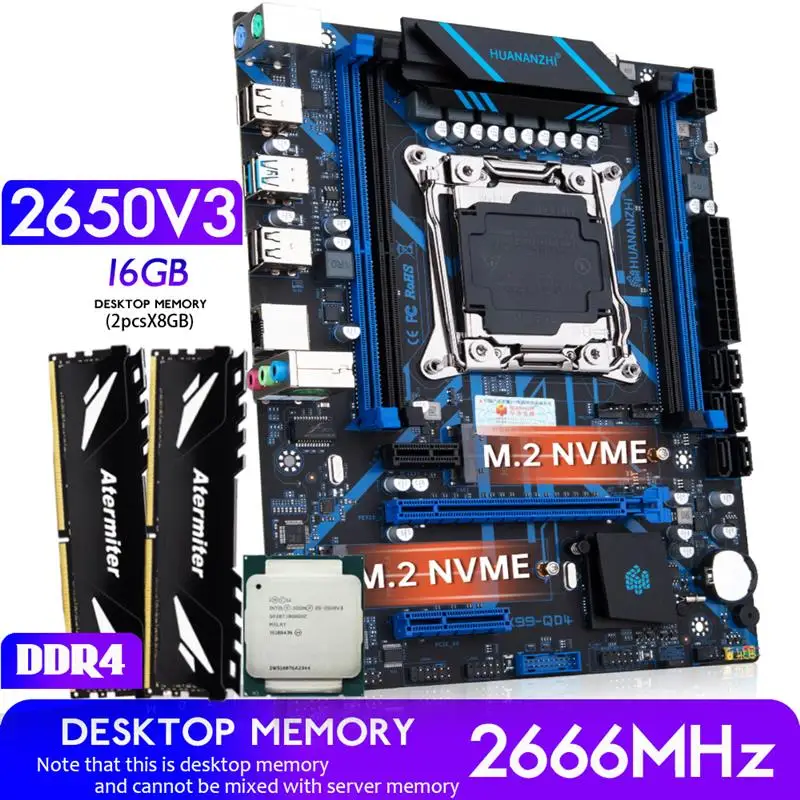 New HUANANZHI X99 QD4 X99 Motherboard with combo kit set XEON E5 2650 V3 16GB 2666MHz (2*8G) DDR4 Desktop Memory NVME NGFF USB