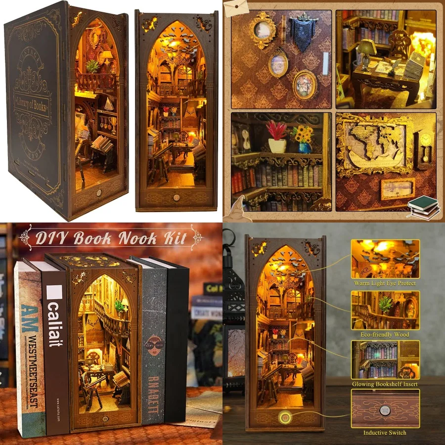 

CRIOLPO Book Nook Kit - DIY 3D Wooden Puzzle Bookends with Sensor Led Light for Bookshelf Doll Houses Miniature Interior Decor