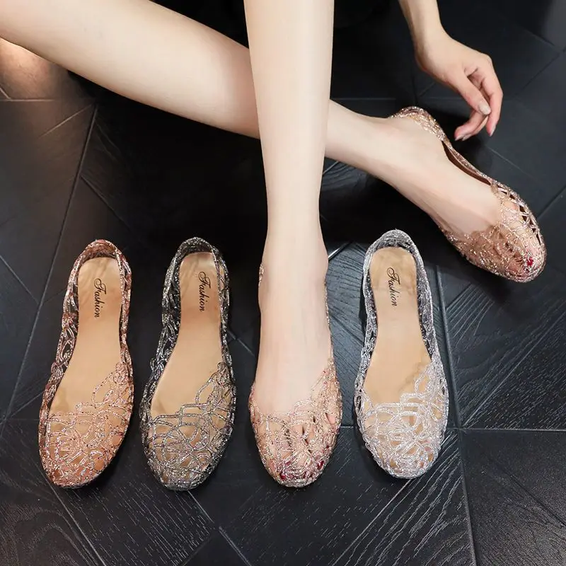

Summer Transparent Crystal Jelly Sandals Women's Casual Flat-soled Hollow Out Breathable Loafer Outdoor Vacation Beach sandals