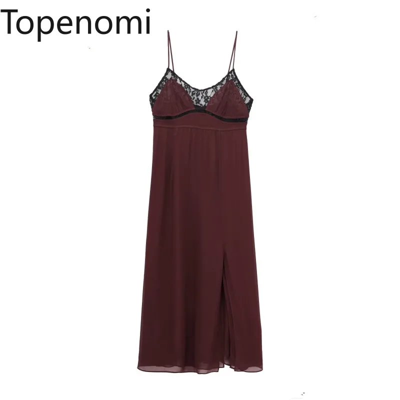 Topenomi Sexy Patchwork Lace Suspender Dress Women 2025 New Temperament Sleeveless Slim Split Mid Length Evening Party Dresses