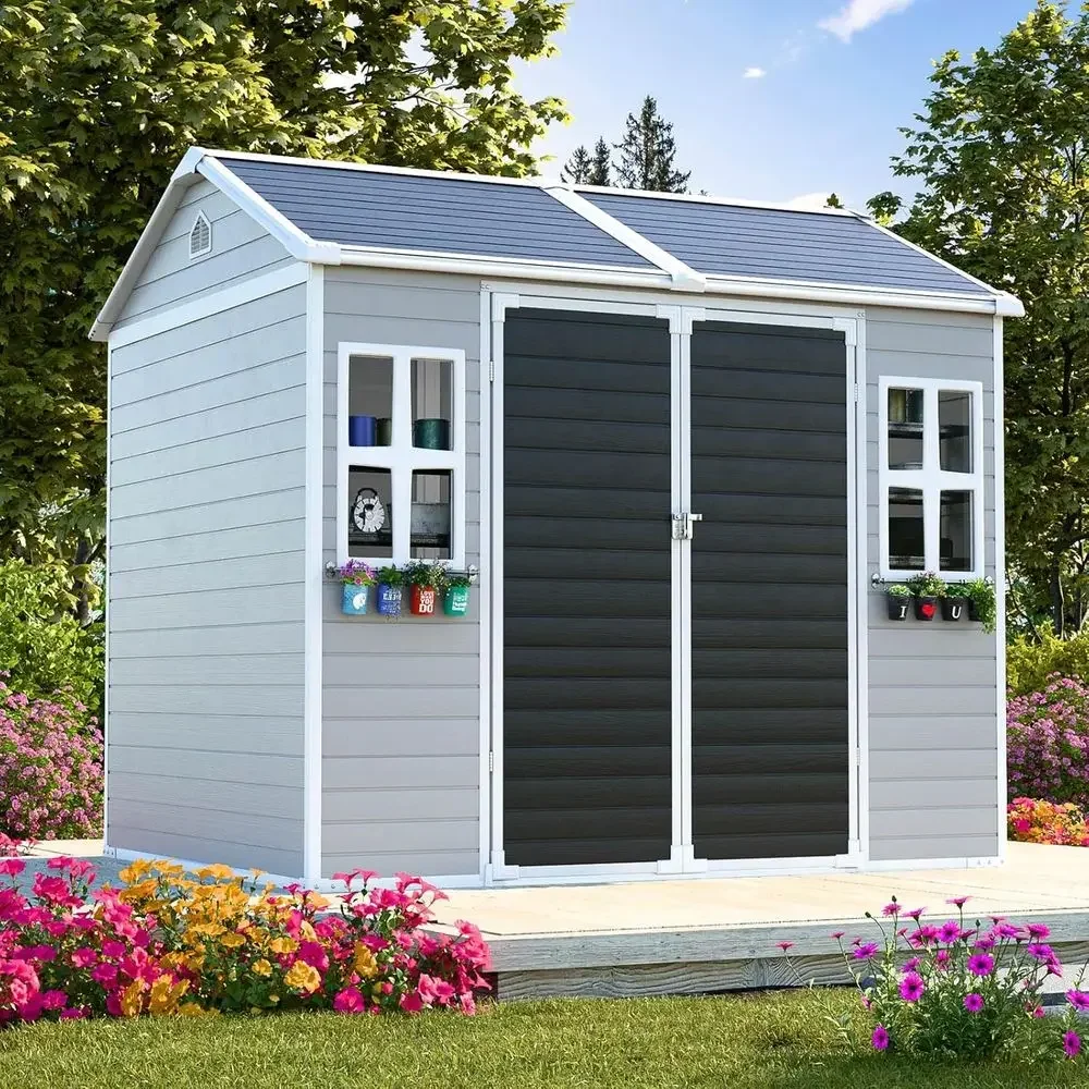 8x6x7ft Waterproof Outdoor Storage Shed with Floor, 2 Windows, Double Door & Vents for Garden, Lawn, Backyard, Poolside