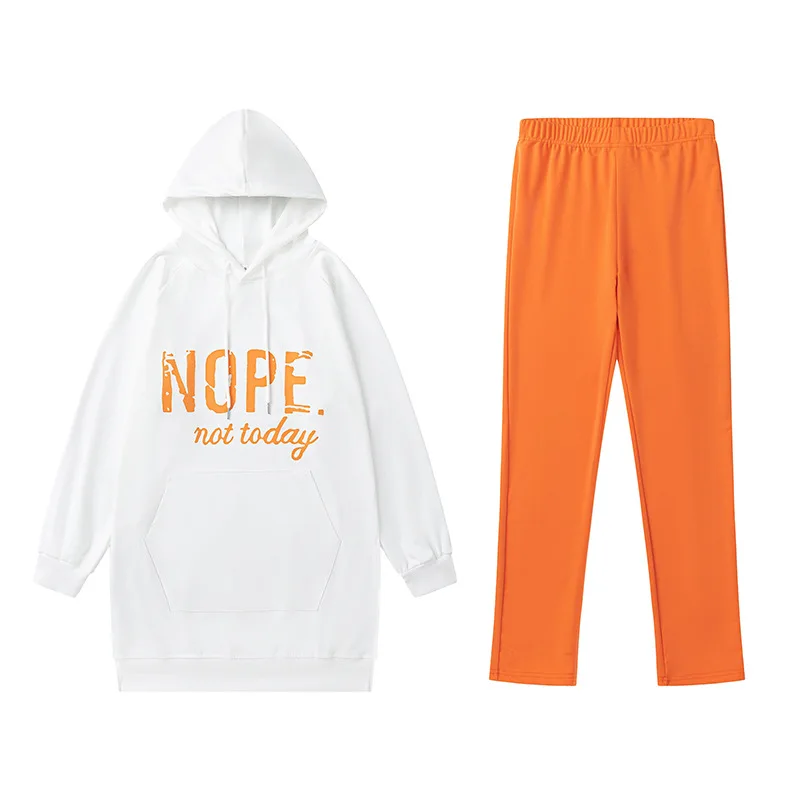 ลําลองแขนยาวHoodedชุดฤดูใบไม้ผลิฤดูใบไม้ร่วงพิมพ์กระเป๋าSlit Designสบายความยาวข้อเท้าชุดสตรี