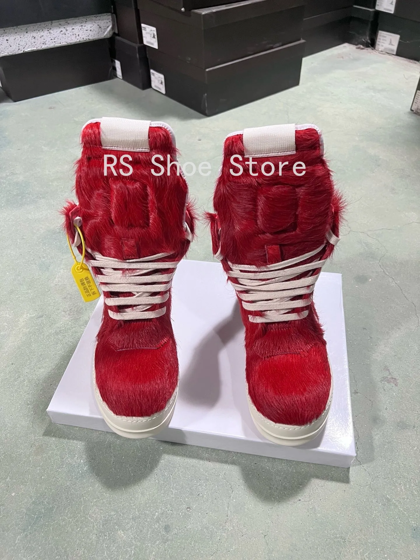 Ro الفاخرة الرجال حذاء بوت بطول الكاحل الأحمر شعر الخيل أحذية النساء حذاء رياضة شعر الحصان الأحمر عالية أعلى حذاء كاجوال سستة أحذية رياضية