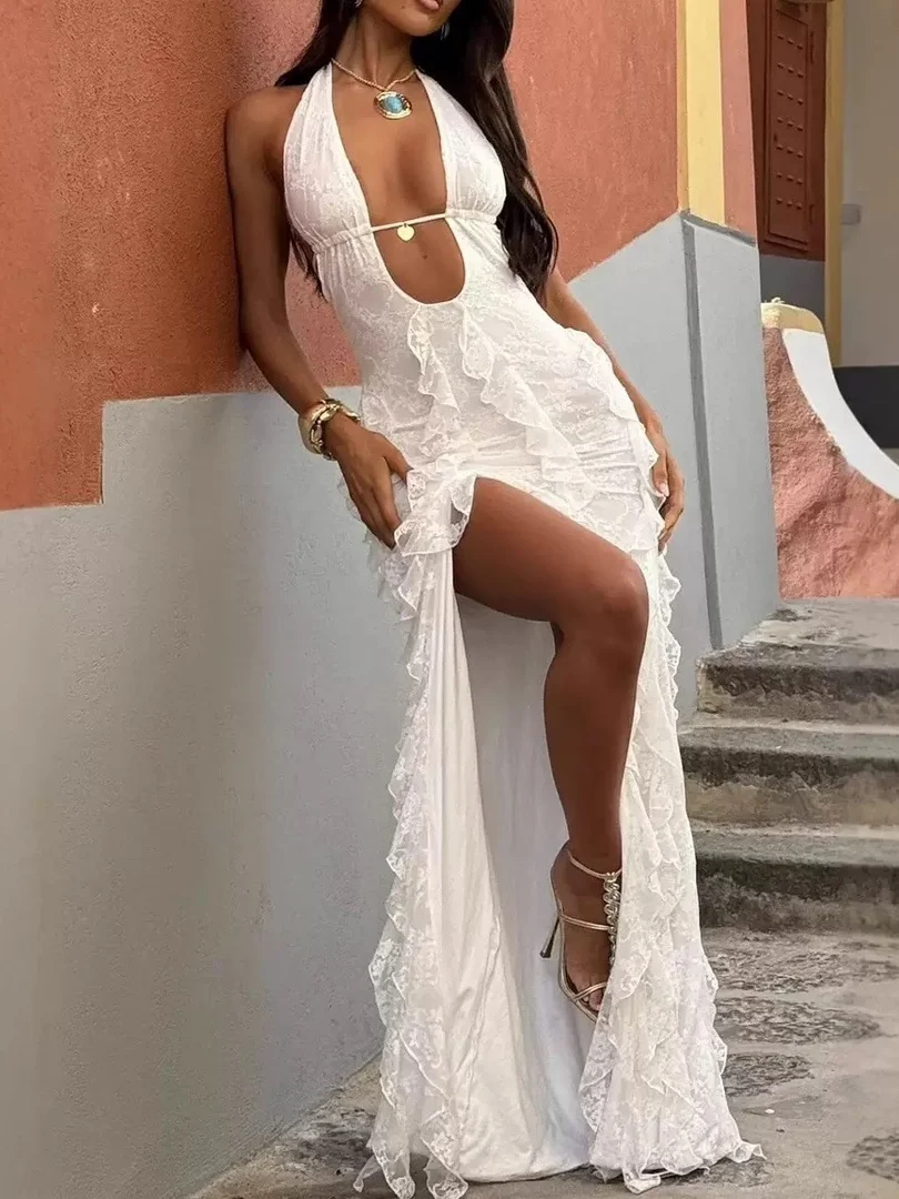 

Элегантное вечернее платье с глубоким V-образным вырезом и высоким разрезом, без рукавов, в стиле «Сексуальная и дерзкая девушка», для вечеринок, свадеб и свиданий