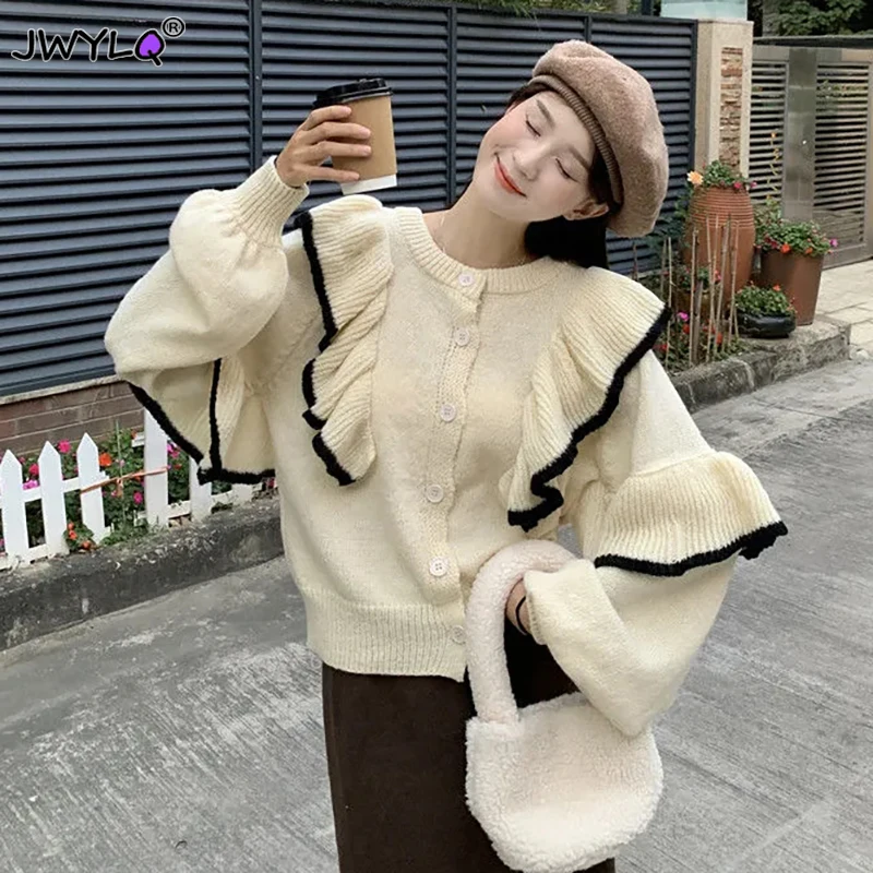 Two-sided Wear Korean O-neck Spliced Ruffles  Knitted Pullover Sweater Women Fashion Loose Long Sleeve Women Clothing Casual Top