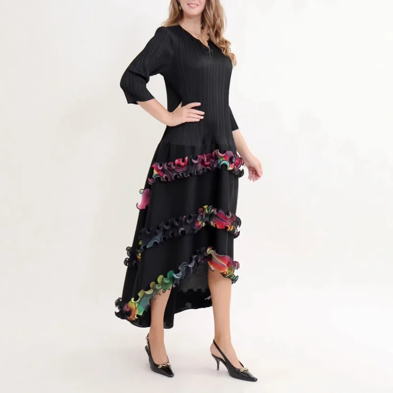 

Miyake 2025 Summer New Wave Fashion Casual Pleated Dress Women's Loose Peplum Round Neck Long Sleeve High Waist A-Line Dress